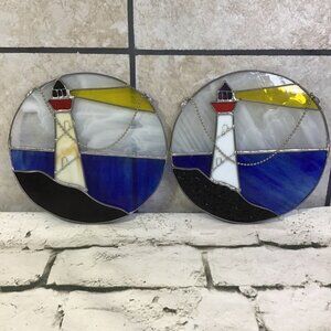 Suncatcher Lot Of 2 Lighthouse Scene Ocean Blue White Circular Chain Hung 8”